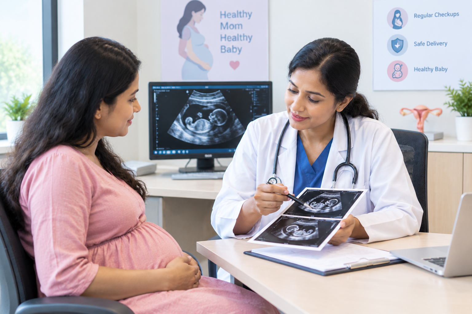 Obstetrician reviewing prenatal scans with a patient