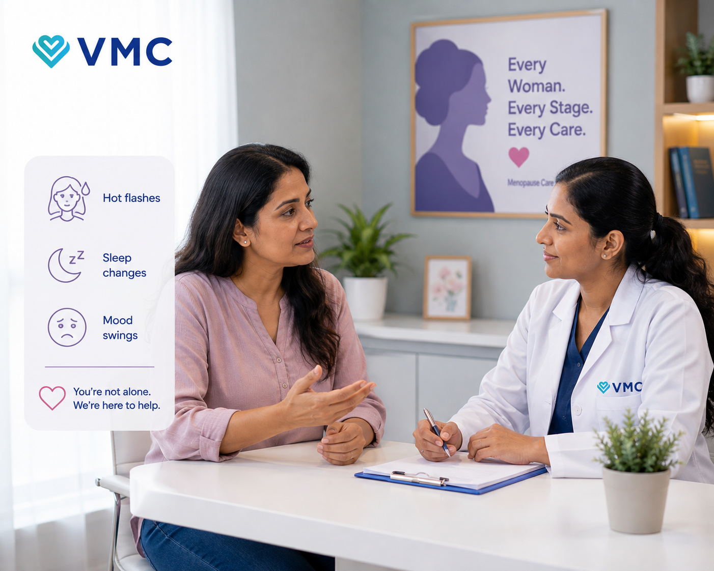 gynaecologist discussing menopause symptoms — hot flashes, sleep changes, mood swings — with patient 