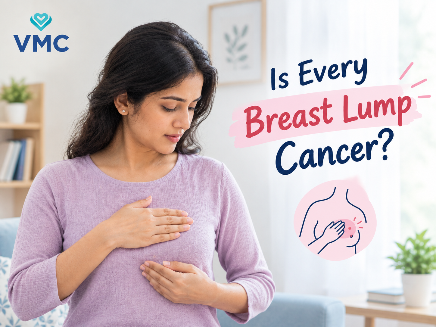 Woman sitting at home, worried about a breast lump, with a breast health awareness illustration.