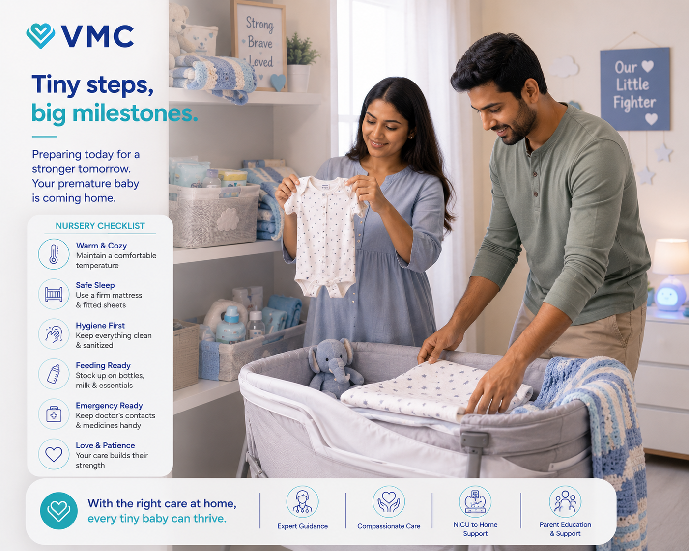 Parents preparing nursery and checking premature baby's nursery checklist before bringing baby home from VMC NICU