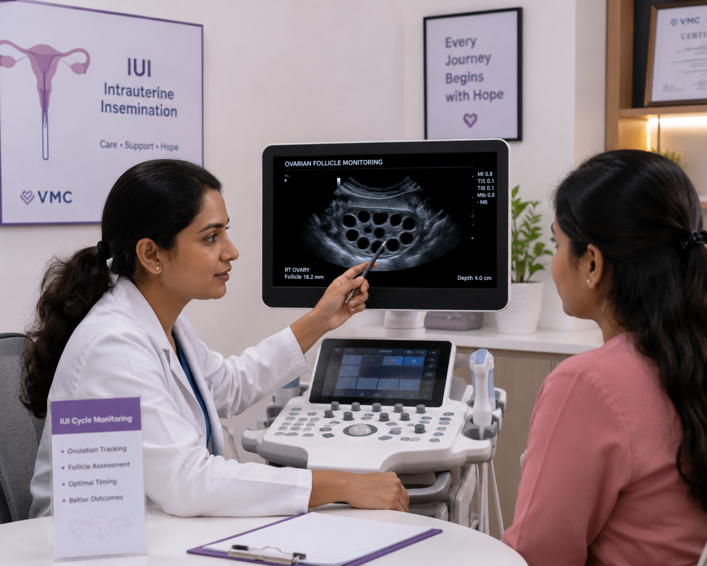 Doctor reviewing ultrasound for ovulation tracking during IUI cycle