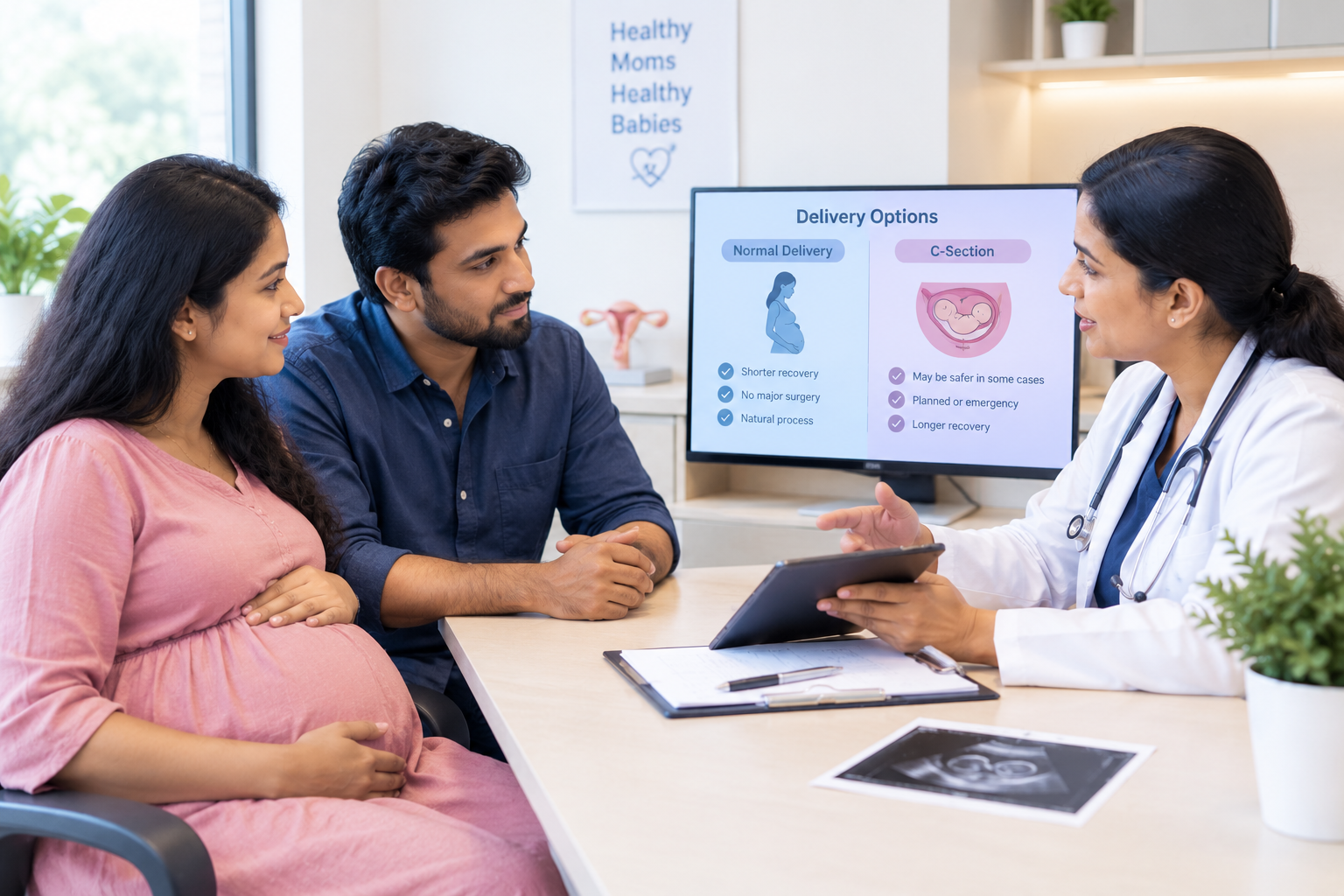 Doctor consulting pregnant patient on normal delivery vs C-section, Kochi maternity hospital