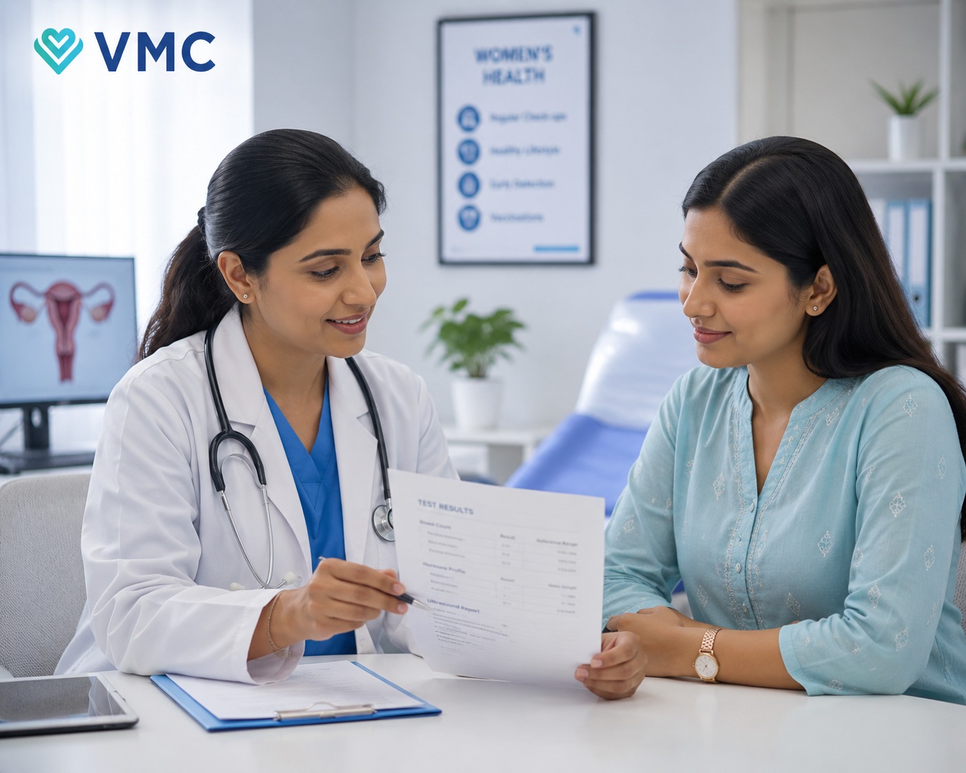 Obstetrician reviewing test results with a female patient at Kochi's  No.1 Women's Hospital